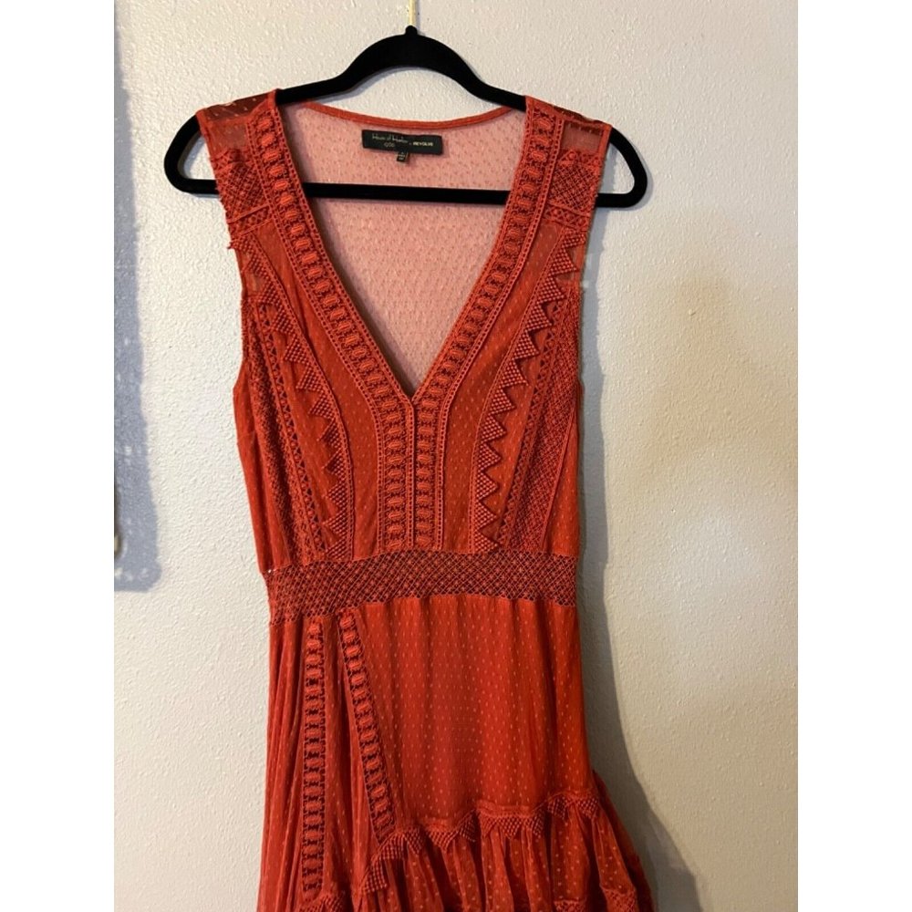House of Harlow Sheer Tiered Maxi Dress M Medium Burnt Orange Festival - Picture 13 of 15